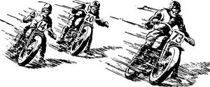 Black and white illustration of three motorcyclists racing on a white background